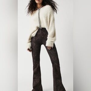 Free People High Rise Flare Jayde Printed Metallic Gold Foil Pants Jeans 25